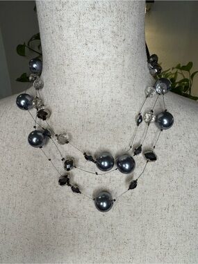 Layered Gray Pearl & Crystal Statement Necklace